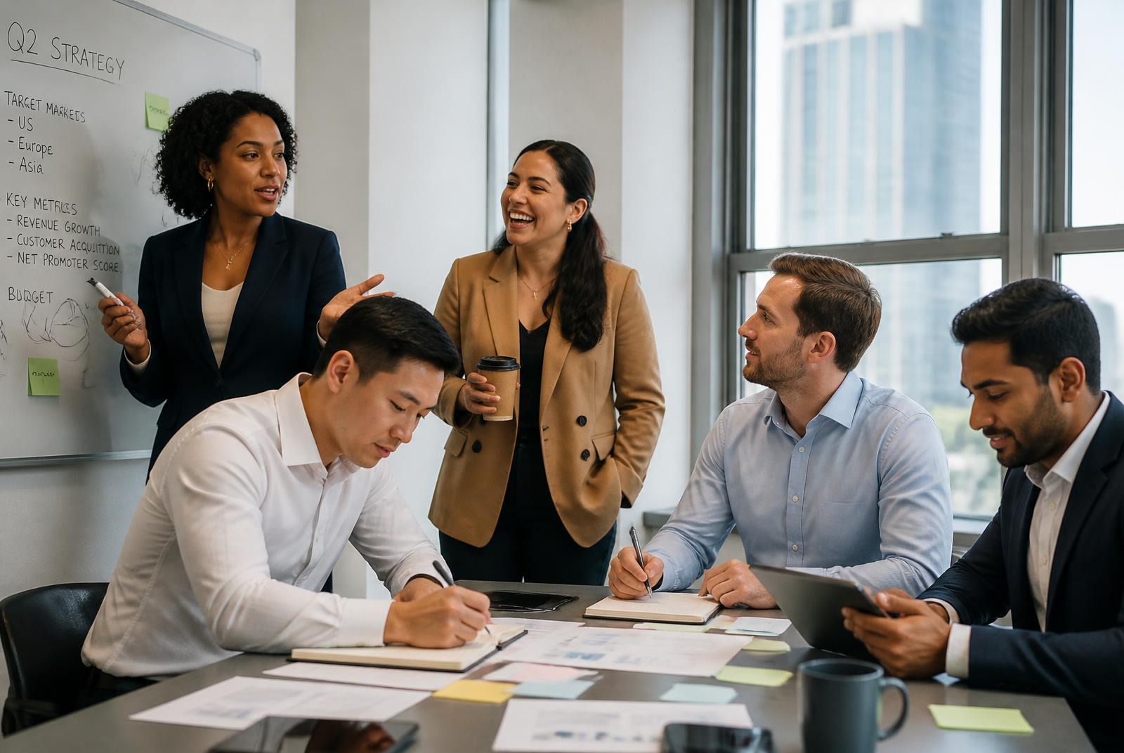 Professionals collaborating around the conference table in a New York City office