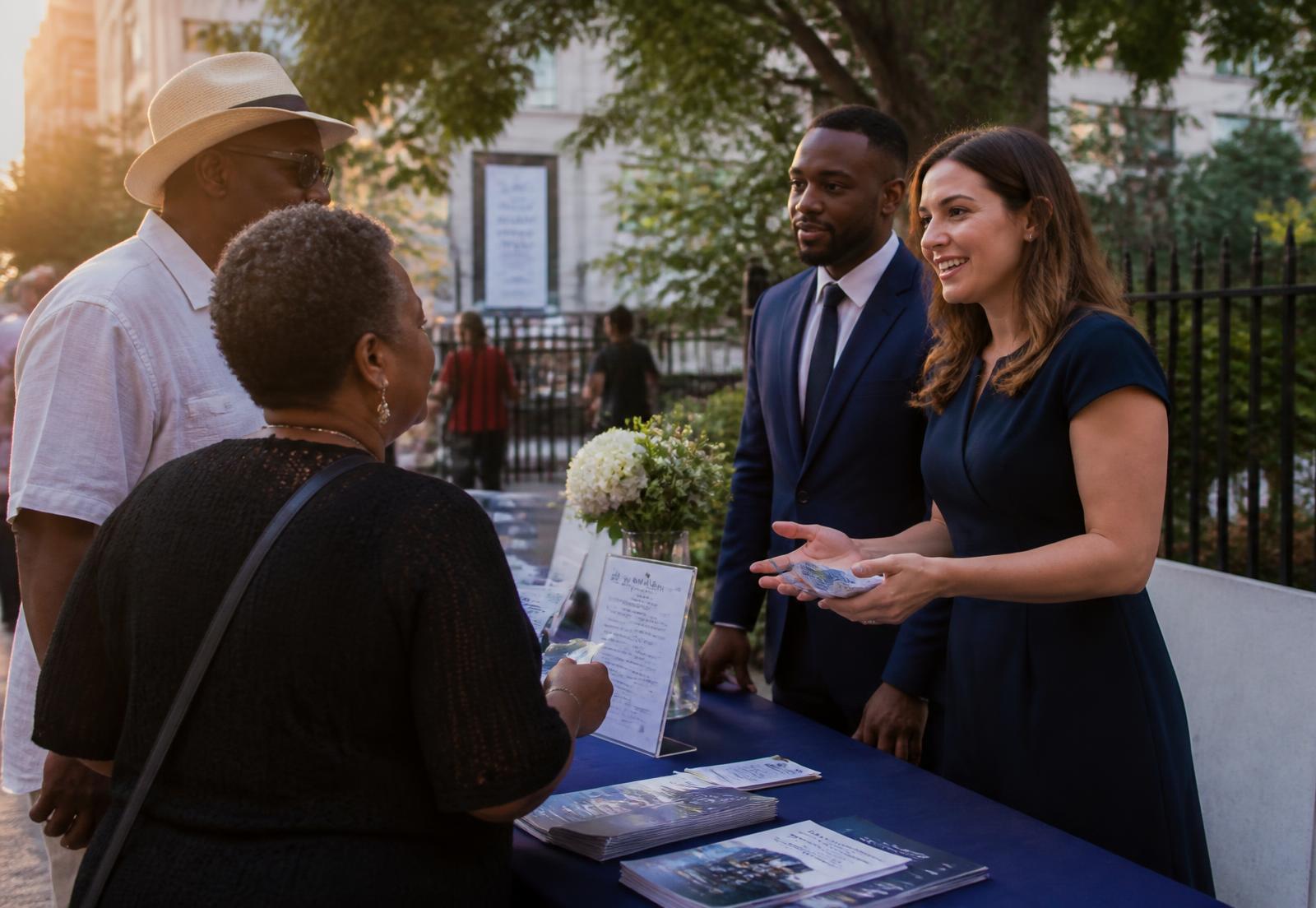 Two representatives speaking with community members at an outdoor donor table