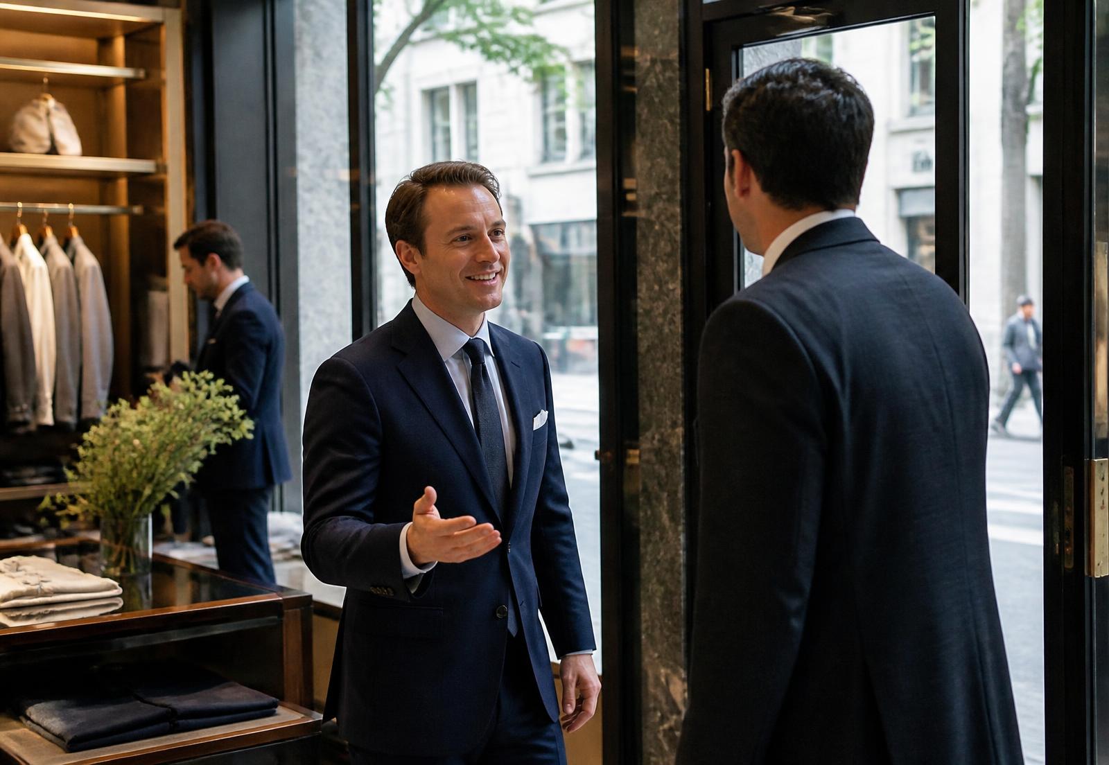 Sales representative welcoming a customer at the entrance of an upscale New York store