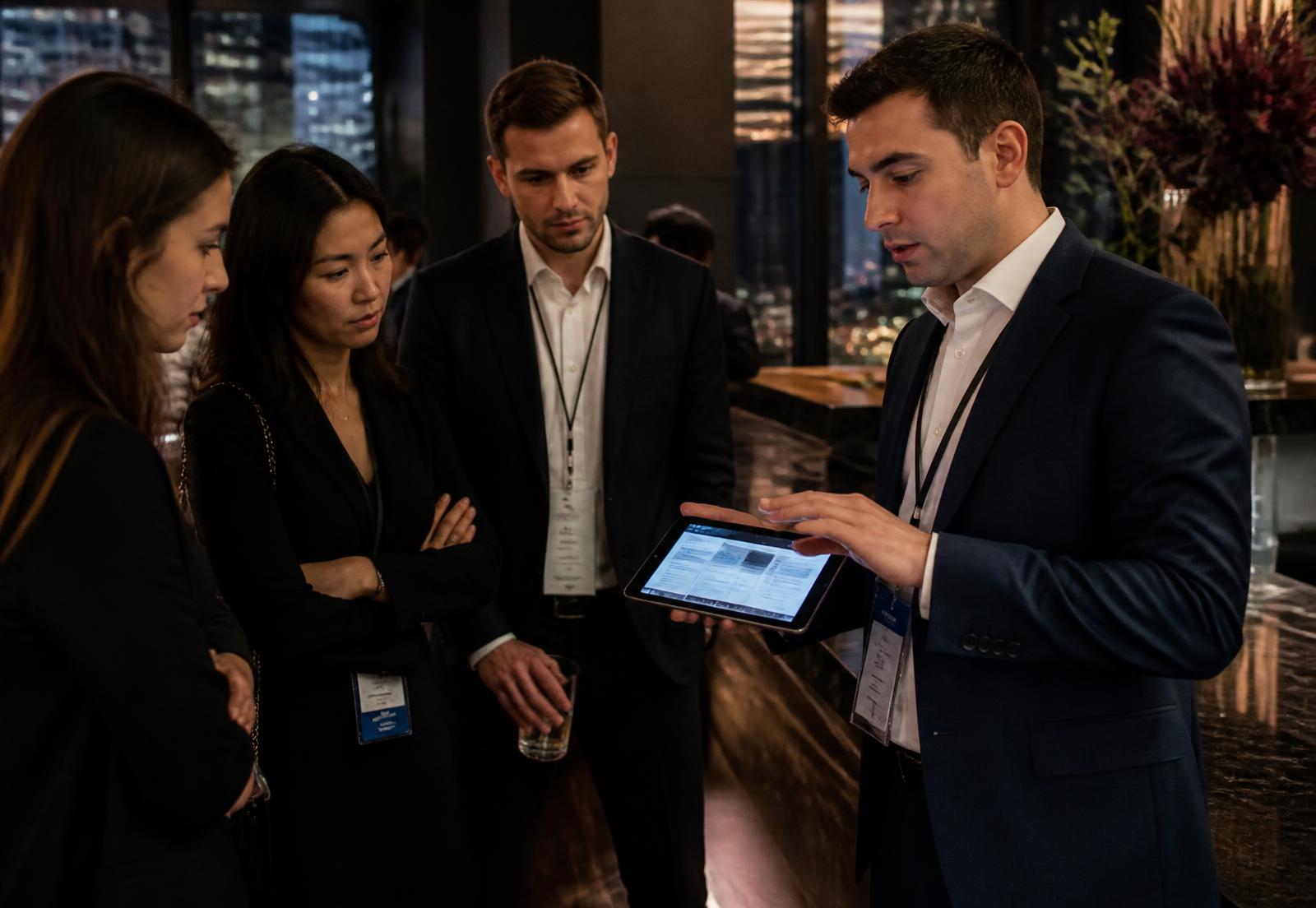 Representative explaining a tablet interface to a small group at an event