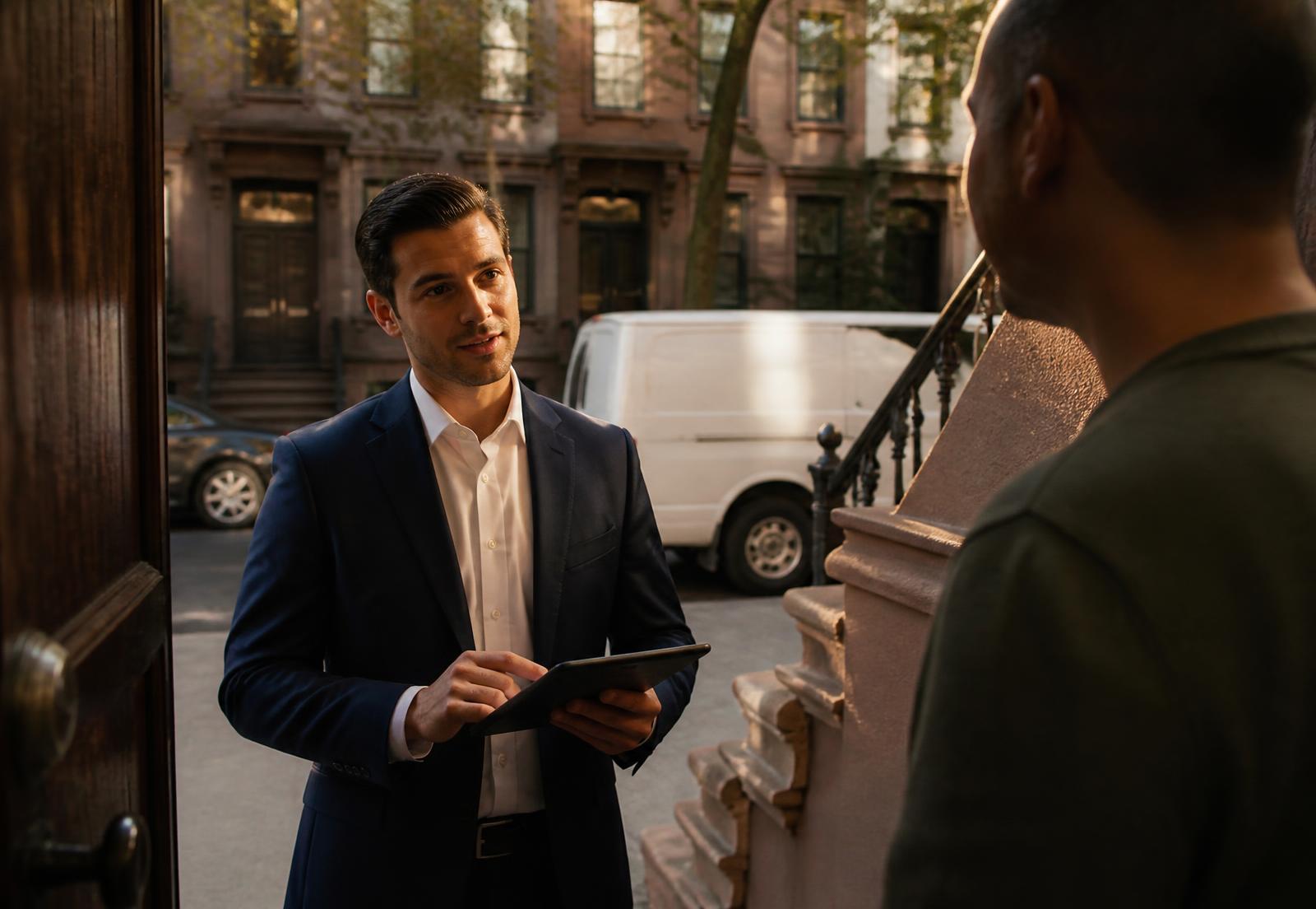 Representative in a navy suit speaking with a homeowner on a Brooklyn brownstone doorstep