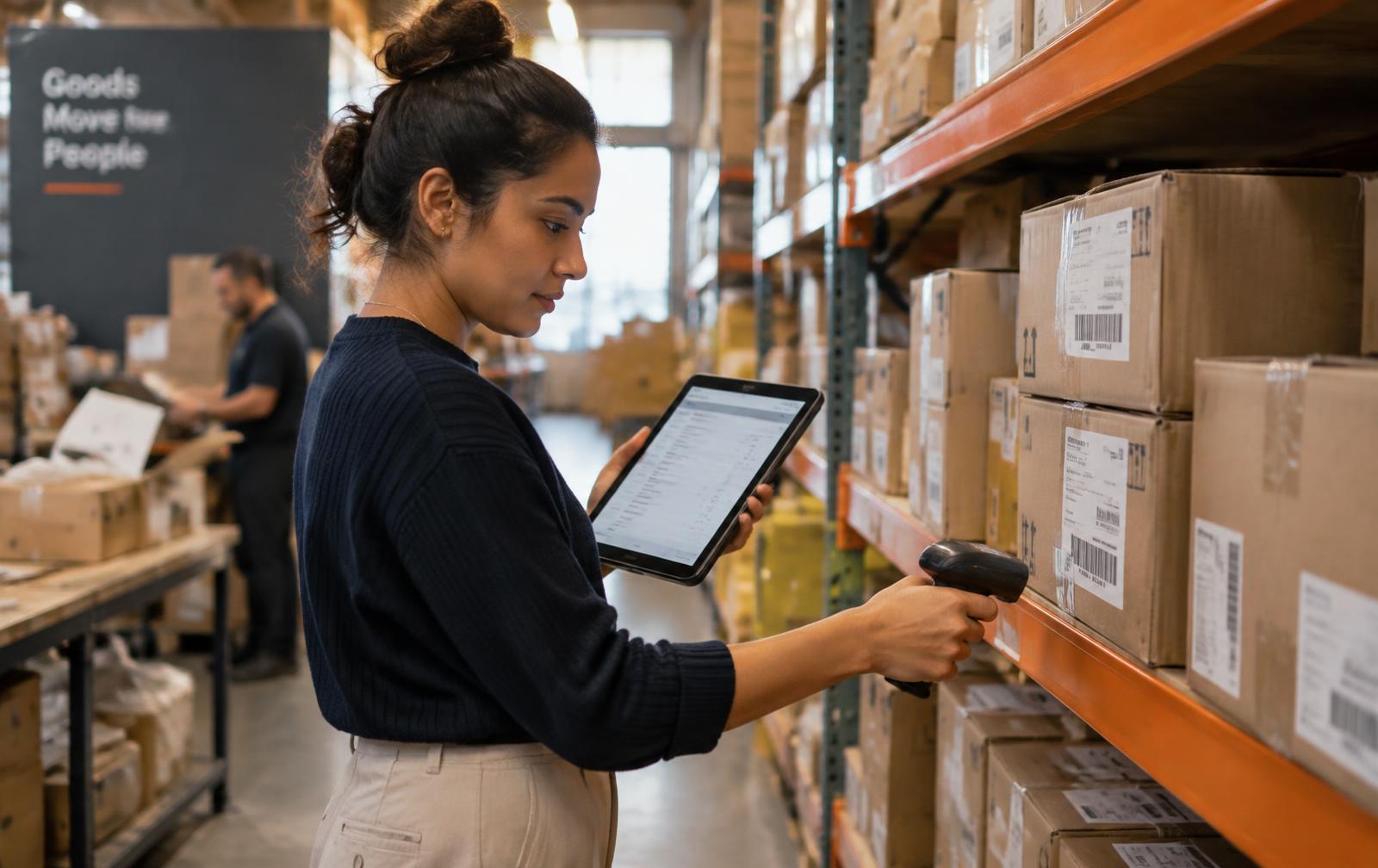 Inventory coordinator scanning labeled cartons on a warehouse rack while checking counts on a tablet