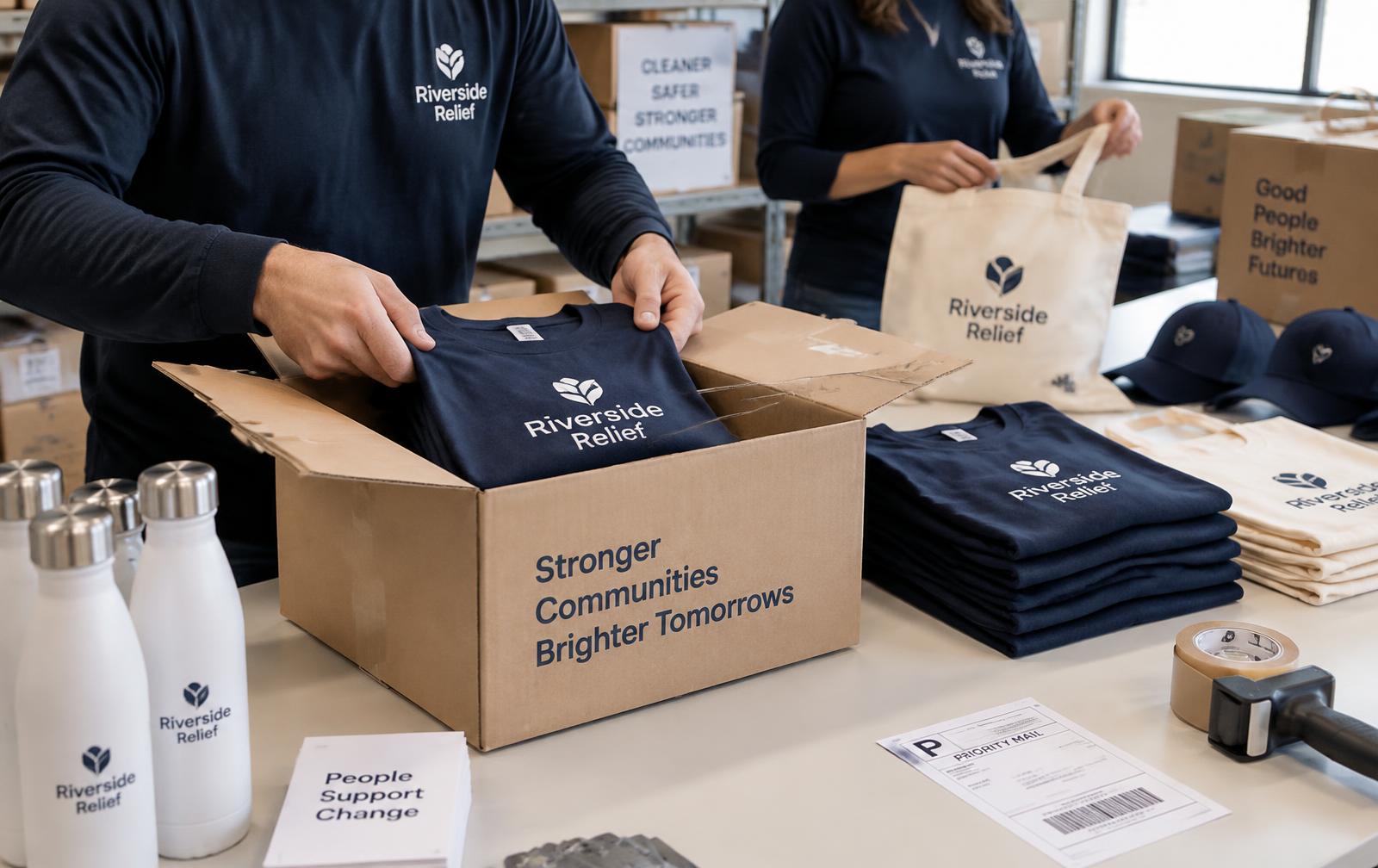 Team members folding and packing branded shirts, totes and caps into shipping cartons