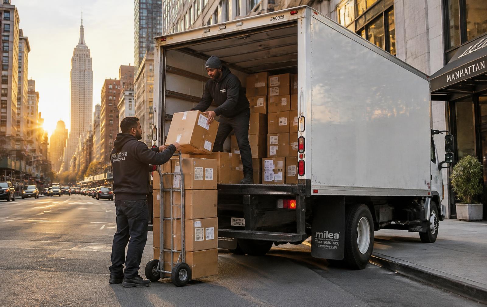 Crew loading cartons into a box truck on a Manhattan street at golden hour