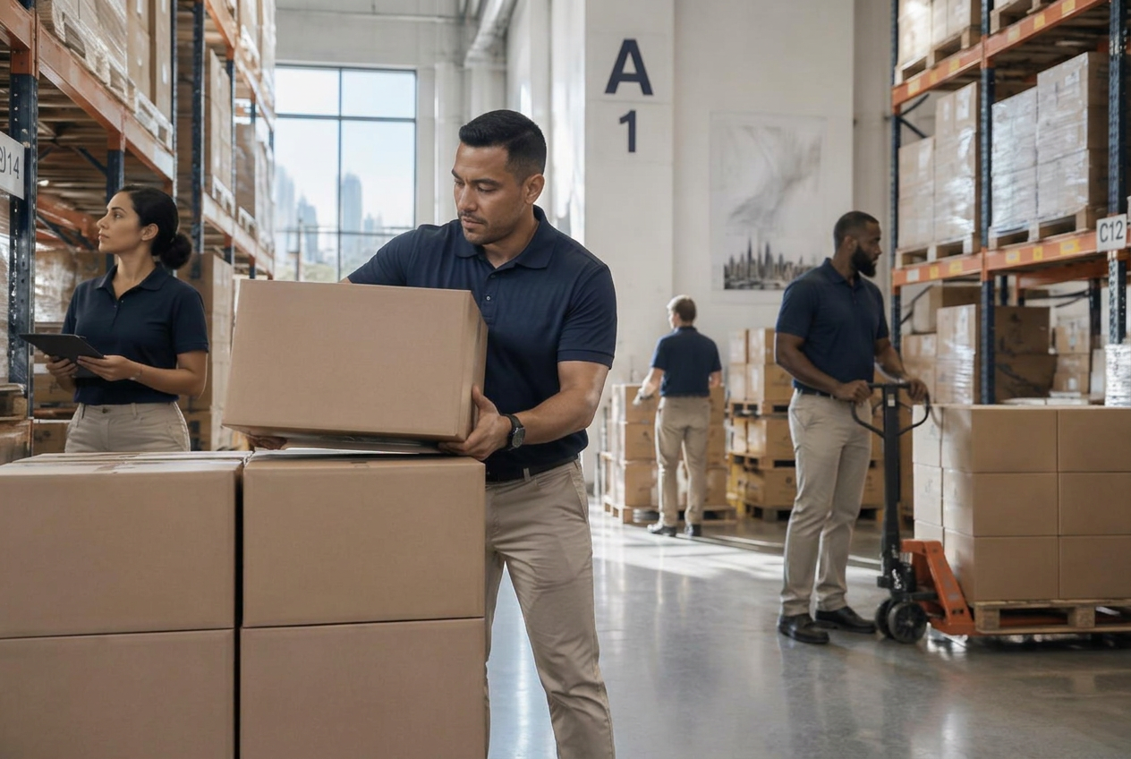 Vanguard Collective crew moving palletized branded cartons through a bright New York warehouse