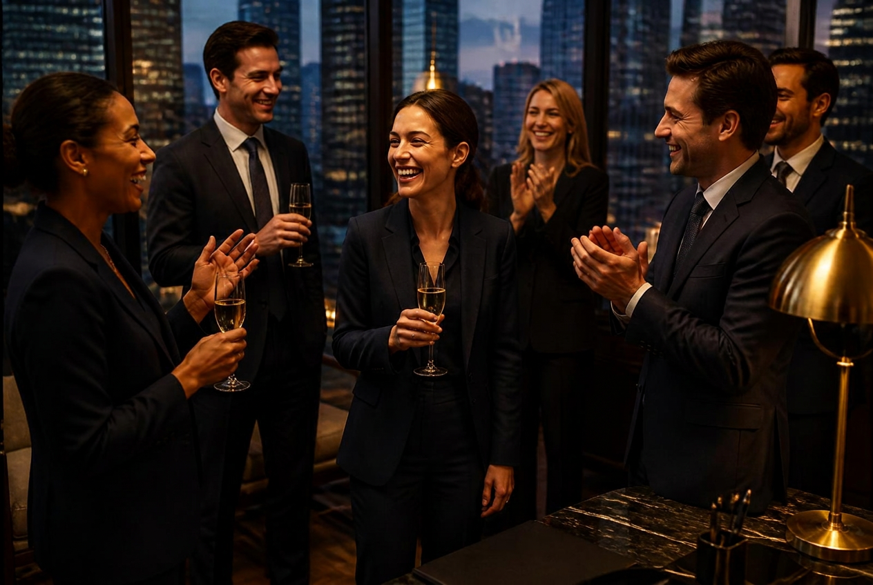 Vanguard Collective teammates celebrating together outside the office