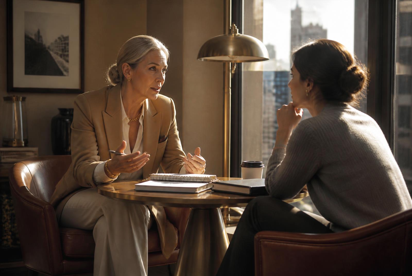 Colleagues reviewing performance reports in the New York City office