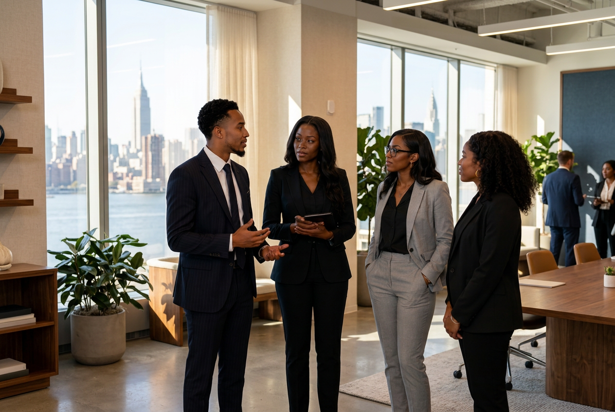 Vanguard Collective team members talking through the day's plan in a bright New York office