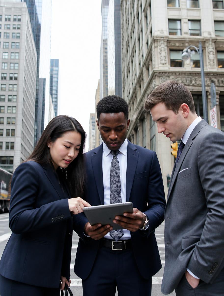 Three Vanguard Collective team members reviewing territory data on a Midtown street corner