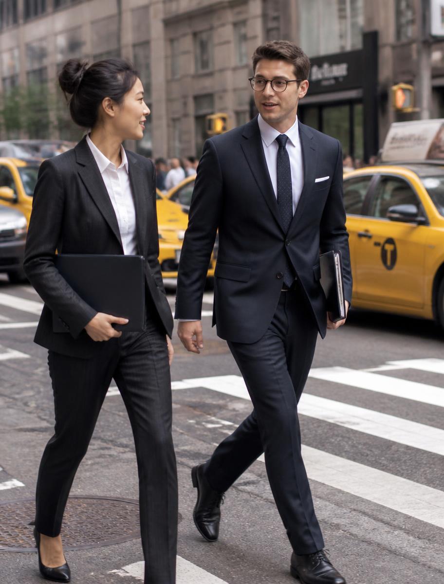 Two associates crossing a New York City intersection between client visits