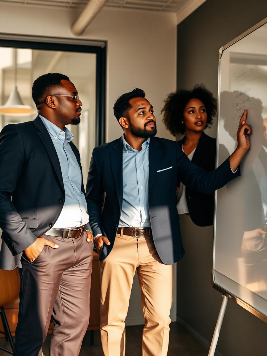 A manager mentoring a colleague at the whiteboard in the New York City office